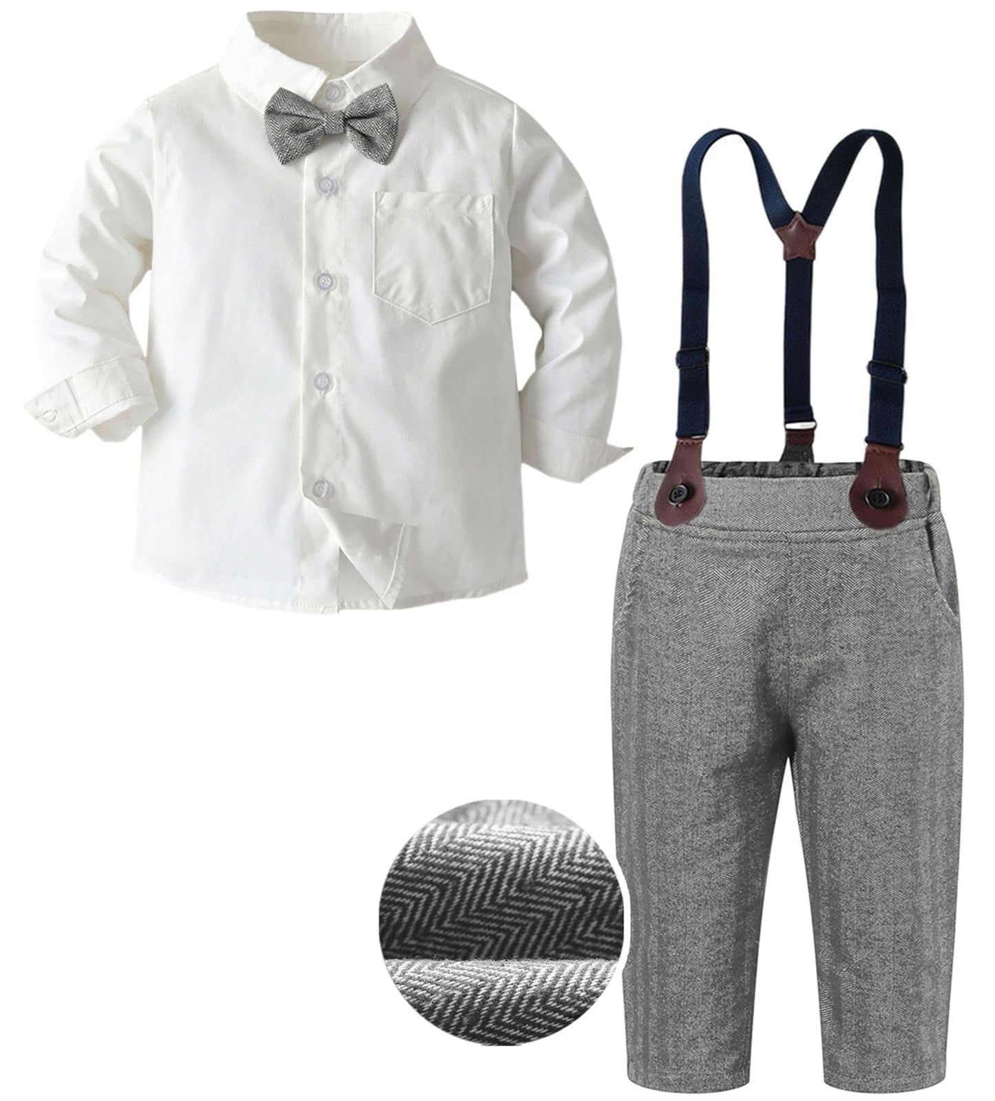 Sangtree Baby Boys Clothes, Long Sleeve Button Down Dress Shirt With Bowtie + Suspender Pants For Boy, 7# White, Tag 120 = 3-4 Y