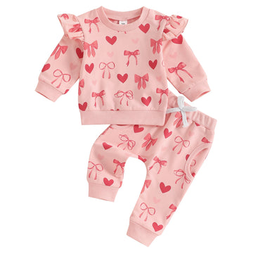 Fybitbo Toddler Baby Girl Valentines Outfit Heart Print Long Sleeve Ruffle Sweatshirt Pants Set 2Pcs Fall Winter Clothes (Heart
