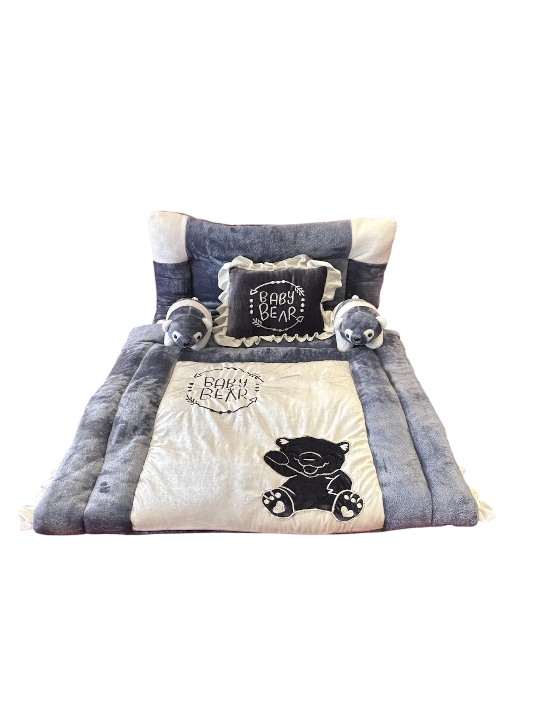 Pinks And Blues Full Sleeping Baby Bedding Set With Two Bear Shape Side Pillows (048 Months) (Grey Offwhite)