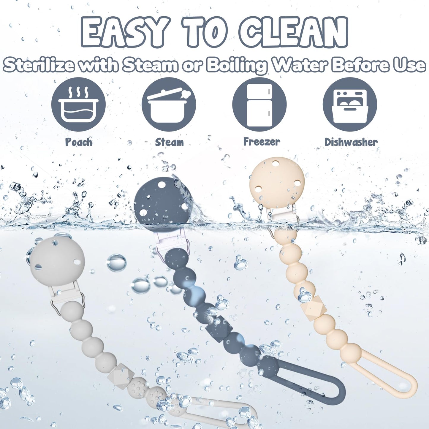 Tyry.Hu 3 Pack Silicone Pacifier Holder Clip With One Piece Beads For Boys And Girls, Soft Flexible Pacifier Clip, Rust-Free Bin