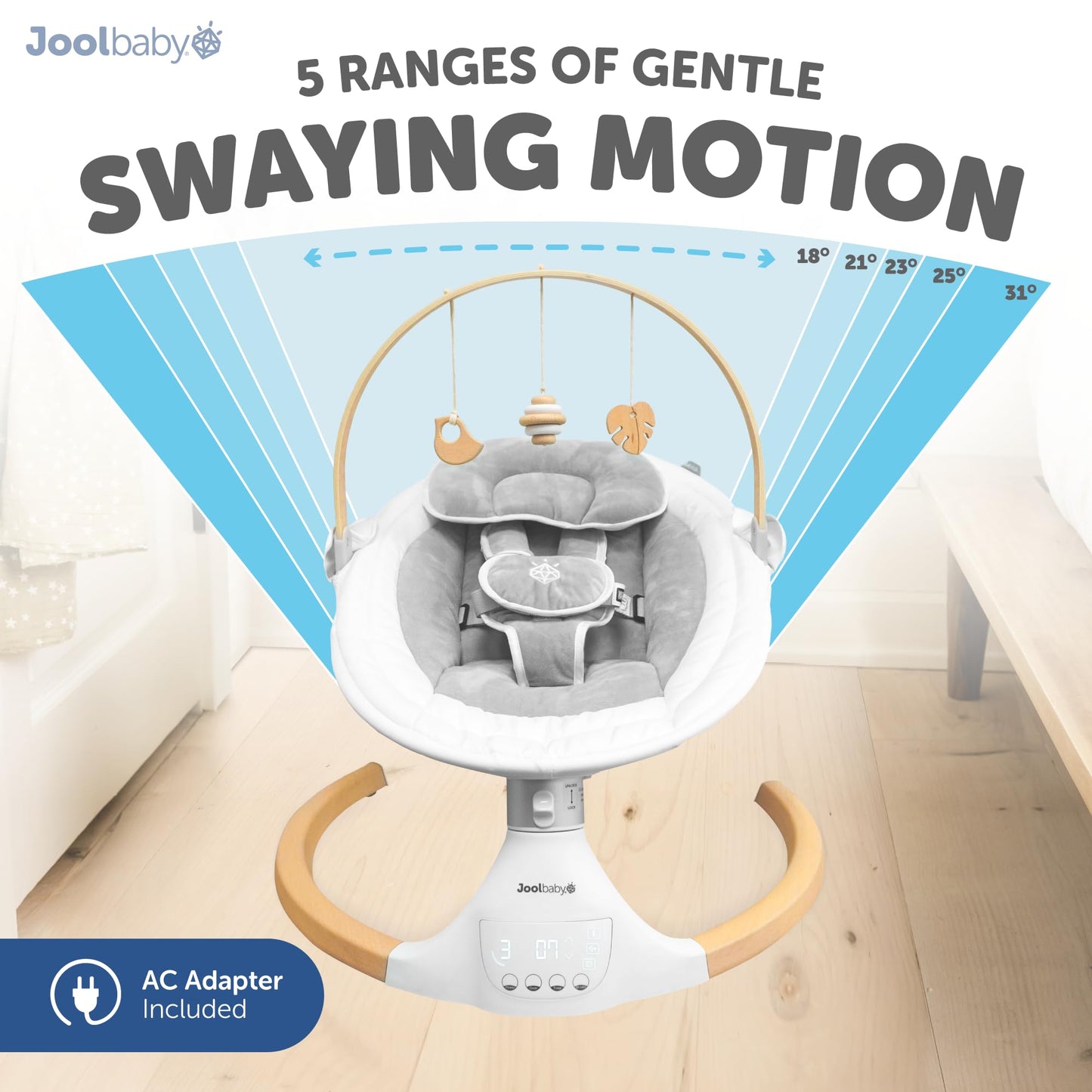 Jool Baby Nova Nature Baby Swing For Newborns - Natural Wood Toys, Electric Motorized Infant Swing, Bluetooth Music