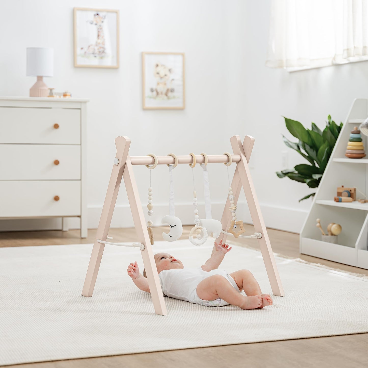 Comfy Cubs Wooden Baby Play Gym - Natural Finish Pinewood Baby Activity Gym With 5 Sensory Hanging Toys - Easy No-Tool Assembly,