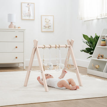 Comfy Cubs Wooden Baby Play Gym - Natural Finish Pinewood Baby Activity Gym With 5 Sensory Hanging Toys - Easy No-Tool Assembly,
