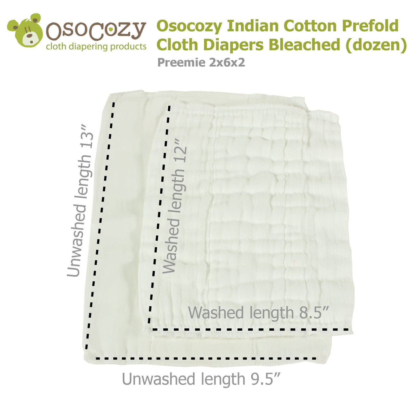 Osocozy - Indian Cotton Prefolds (Dozen) - Soft And Absorbent Baby Diapers Made Of 100% Indian Cotton - 9.5'X13', Fits 4-10 Lb