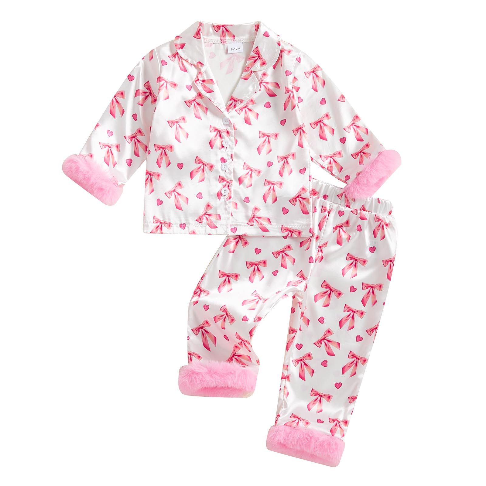 DuAnyozu Toddler Baby Girl Satin Valentines Pajamas Set Feather Trim Heart Print Little Girl Valentines Pjs Spring Clothes (Pink