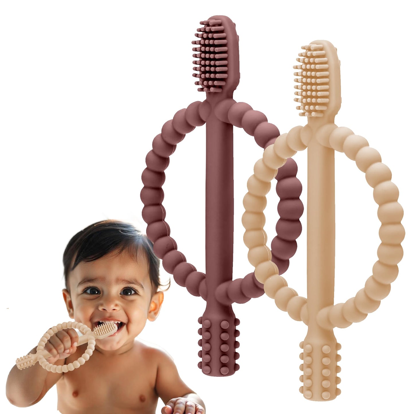 Vivatra Baby Teething Toy  Set Of 2, Silicone Toothbrush Teether With EasyGrip Handle, DualSided Texture For Massage & Soothi