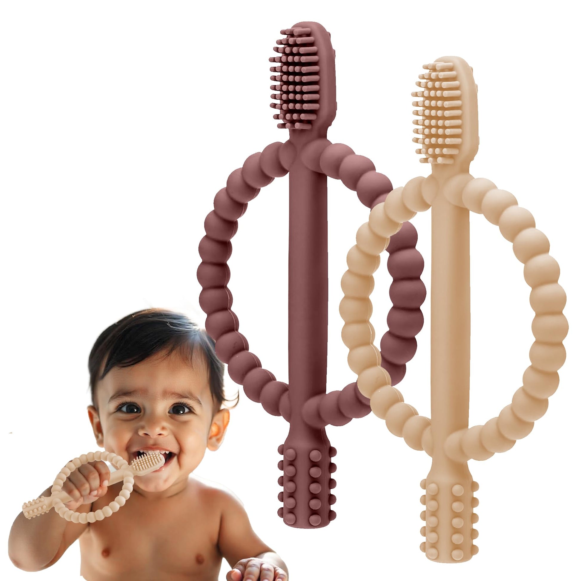 Vivatra Baby Teething Toy  Set Of 2, Silicone Toothbrush Teether With EasyGrip Handle, DualSided Texture For Massage & Soothi
