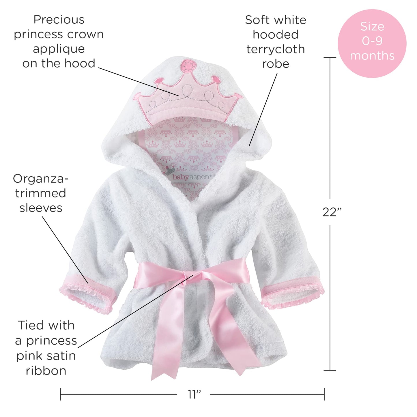 Baby Aspen Little Princess Hooded Towel Robe, 0-9 Months, Baby Bath Towel/Spa Robe