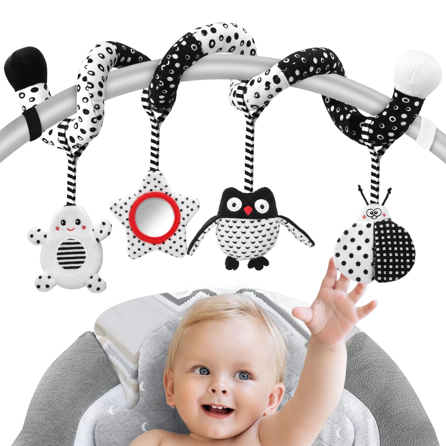 AJsupojouet High Contrast Baby Toys - Black & White Hanging Toys for Car Seat, Stroller & Crib | Newborn Essentials 0-6 Months |