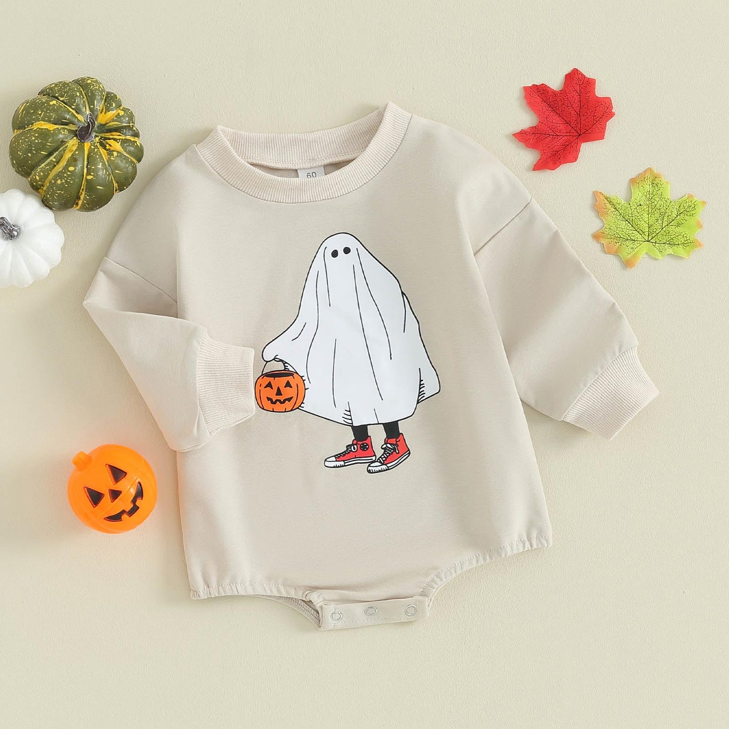 Focusnorm Halloween Newborn Baby Girl Outfit Toddler Ghost Pumpkin Sweatshirt Romper Long Sleeve Romper Infant Fall Clothes (Kha