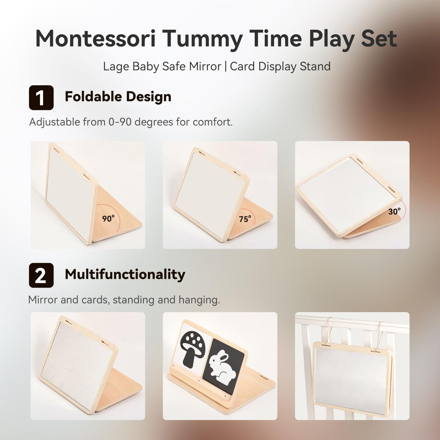 IEATFO Tummy Time Play Set Adjustable Angle, Double-Sided Design, Montessori Tummy Time Toys Large Baby Safe Mirror and Card Dis