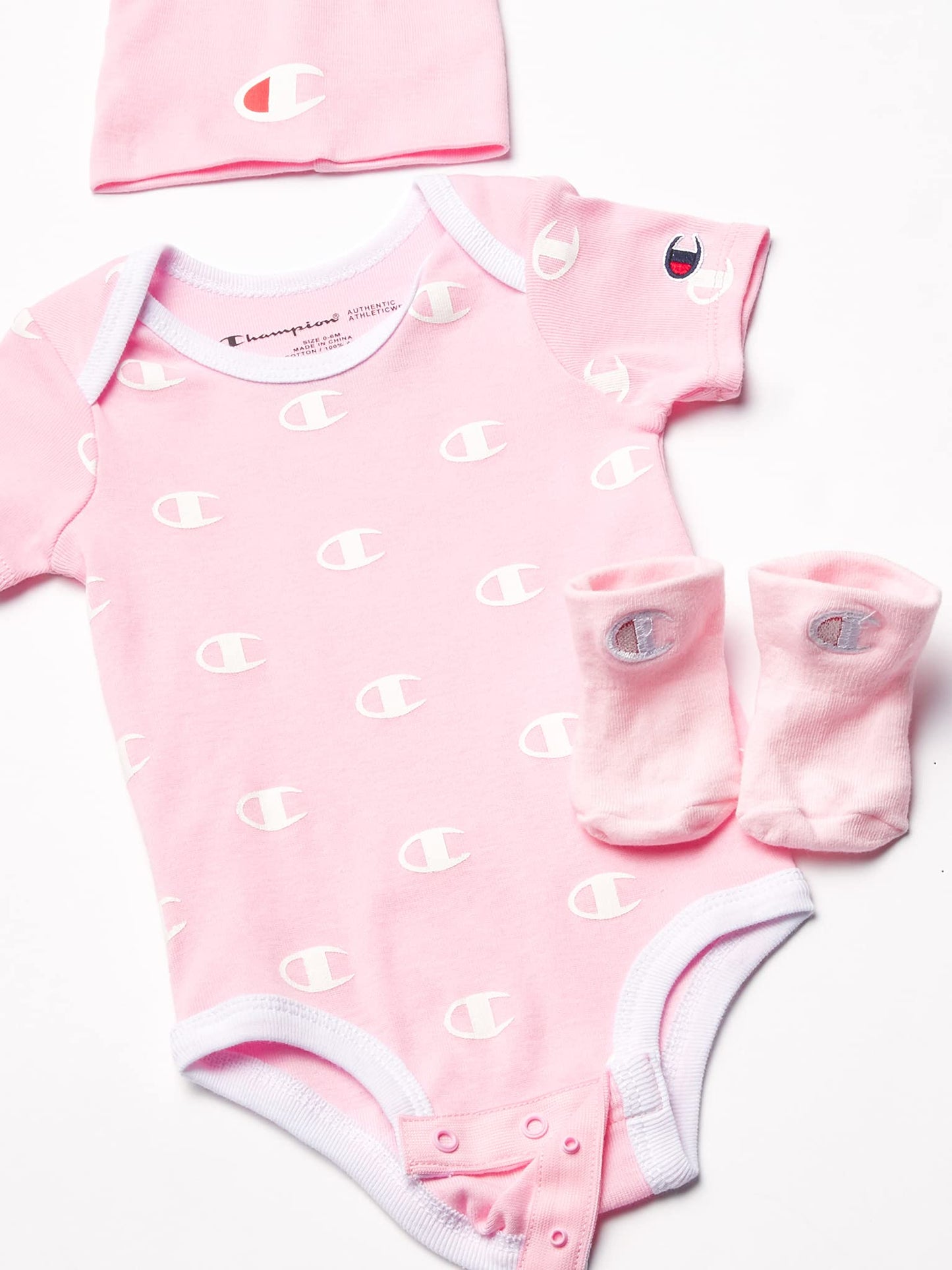 Champion Unisex Baby 3-Pc Box Set Includes An Infant Body Suit, A Bib Or Hat & Pair Of Booties In Colors And Size 0-6M, All Over