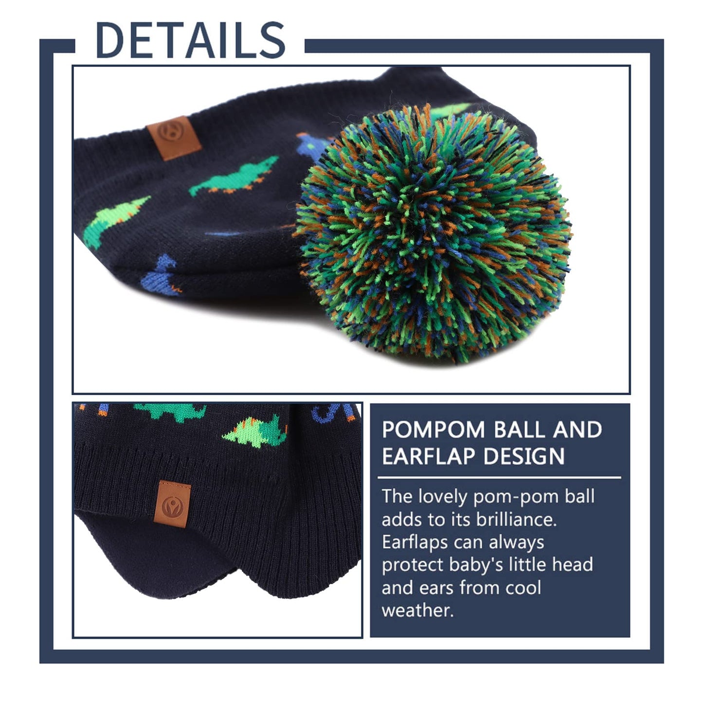 Jangannsa Knitted Baby Hat Scarf Set Winter Warm Boys Girls Beanie Fleece Lining Toddler Kids Hats With Pompom (Navy Dinosaur(Ha