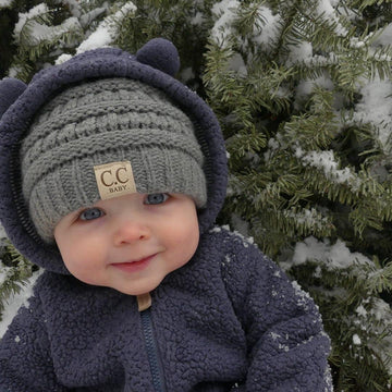 Funky Junque Exclusives Double Pom Pom Baby Hat, Baby Girl Winter Knit Beanie For Infants, Heather Grey