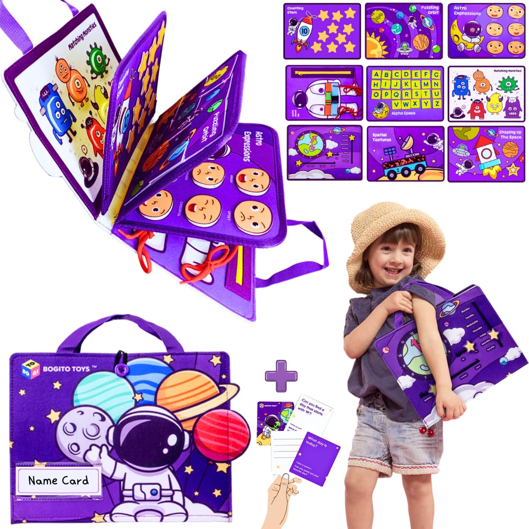 BOGITO TOYS Space Busy Board for Toddlers 1+ Years, Montessori Sensory Activity Board, STEM Learning Toy for Kids 3-5, Education