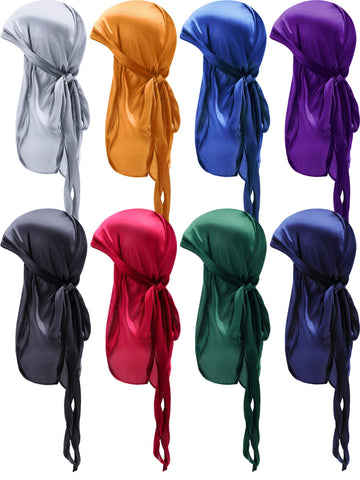 8 Pieces Satin Baby Durags Kids Satin Durag Caps Headwraps With Long Tail And Wide Straps For 360 Waves (Dark Color)