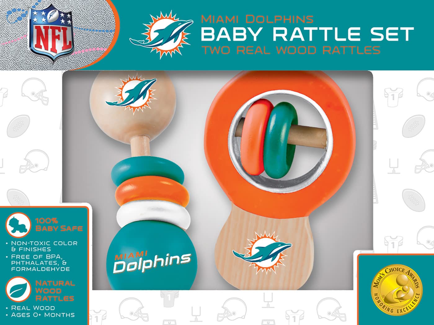 Baby Fanatic Wood Rattle 2 Pack - NFL Miami Dolphins - Officially Licensed Baby Toy Set