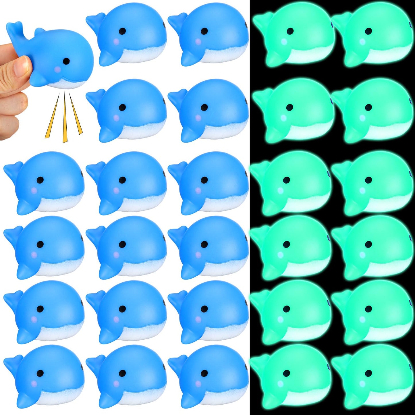 RoundFunny 30 Pcs Whale Rubber Bath Toys Glow in The Dark Mini Sea Animal Blue Squeezable Squeak Toys for Beach Pool Shower Play