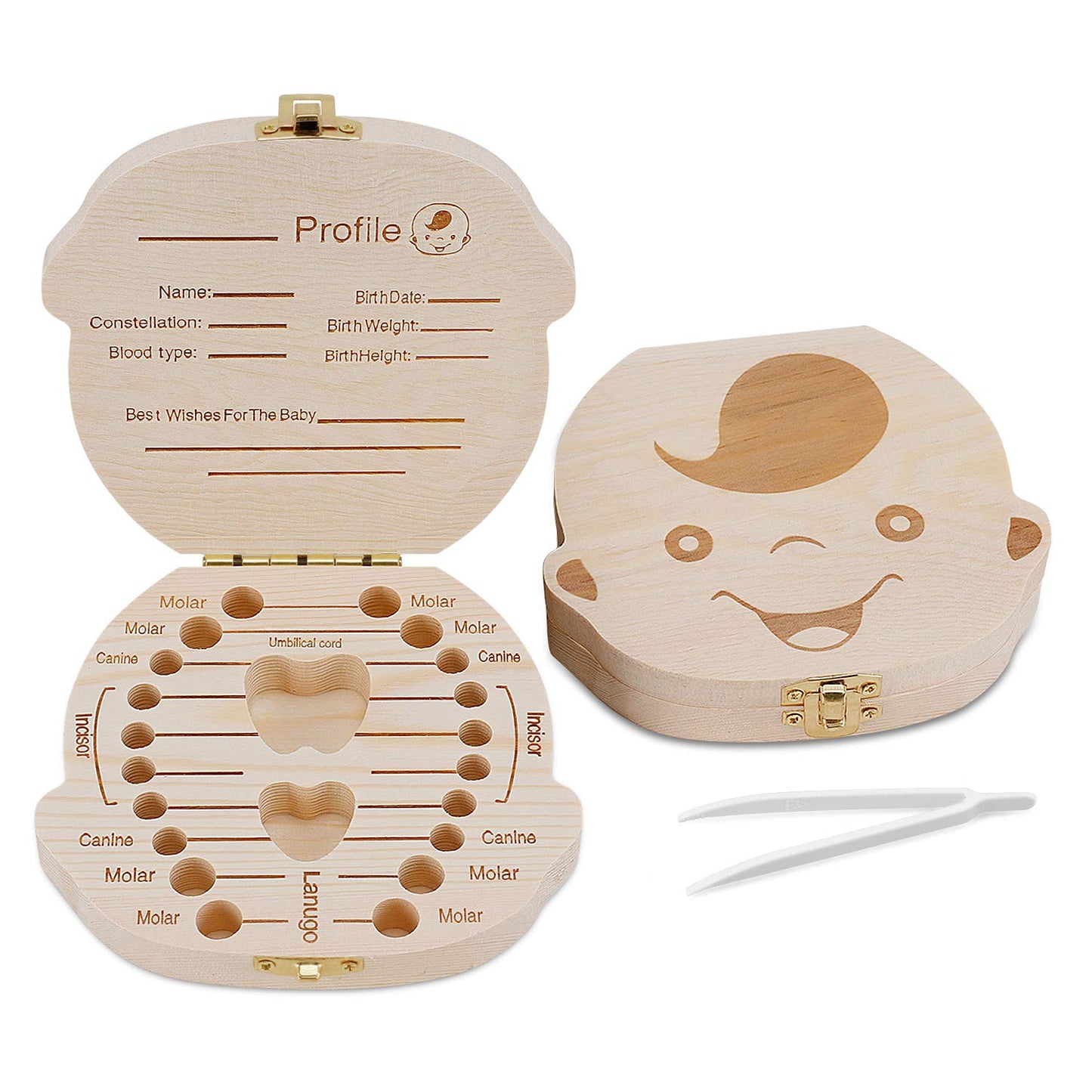 NASHRIO Baby Tooth Box Wooden Kids Keepsake Organizer Gift for Baby Teeth, Cute Children Tooth Container with Tweezers to Keep t