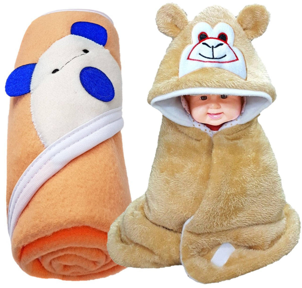 BRANDONN Newborn Combo of Shearing Velvet and Fleece Hooded Baby Blanket (Pack of 2, Beige)