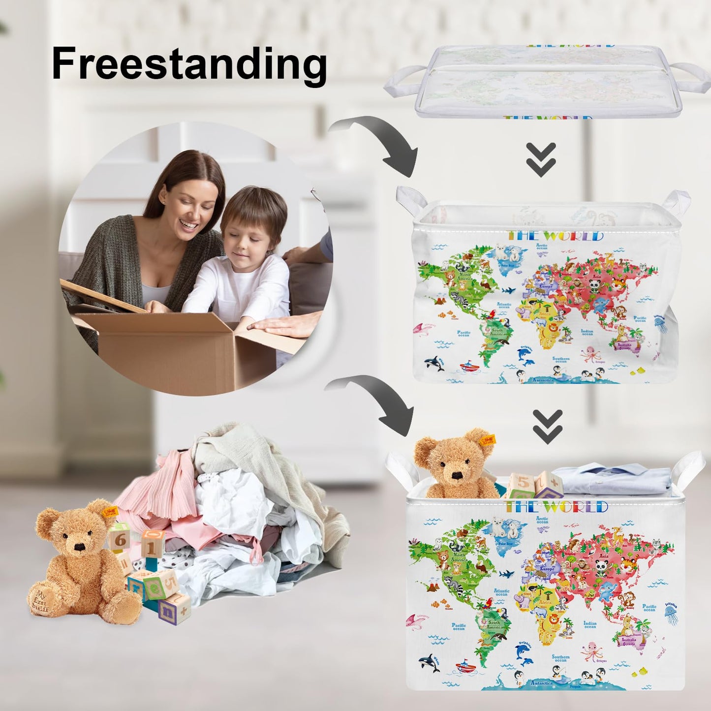 Clastyle Back To School World Map Storage Bin Alphabet Animals Baby Gift Basket Playroom Nursery Kid Toy Basket Organizer Rectan