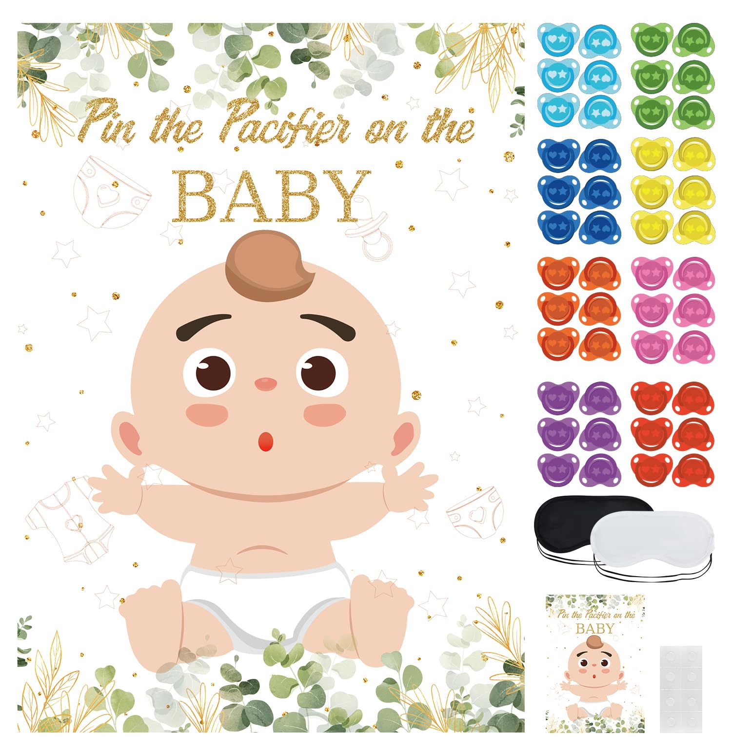 Sietdeseo Pin The Pacifier On The Baby Game - 48 Pcs Stickers, Large Eucalyptus Poster For Kids Birthday, Baby Shower Party Supp