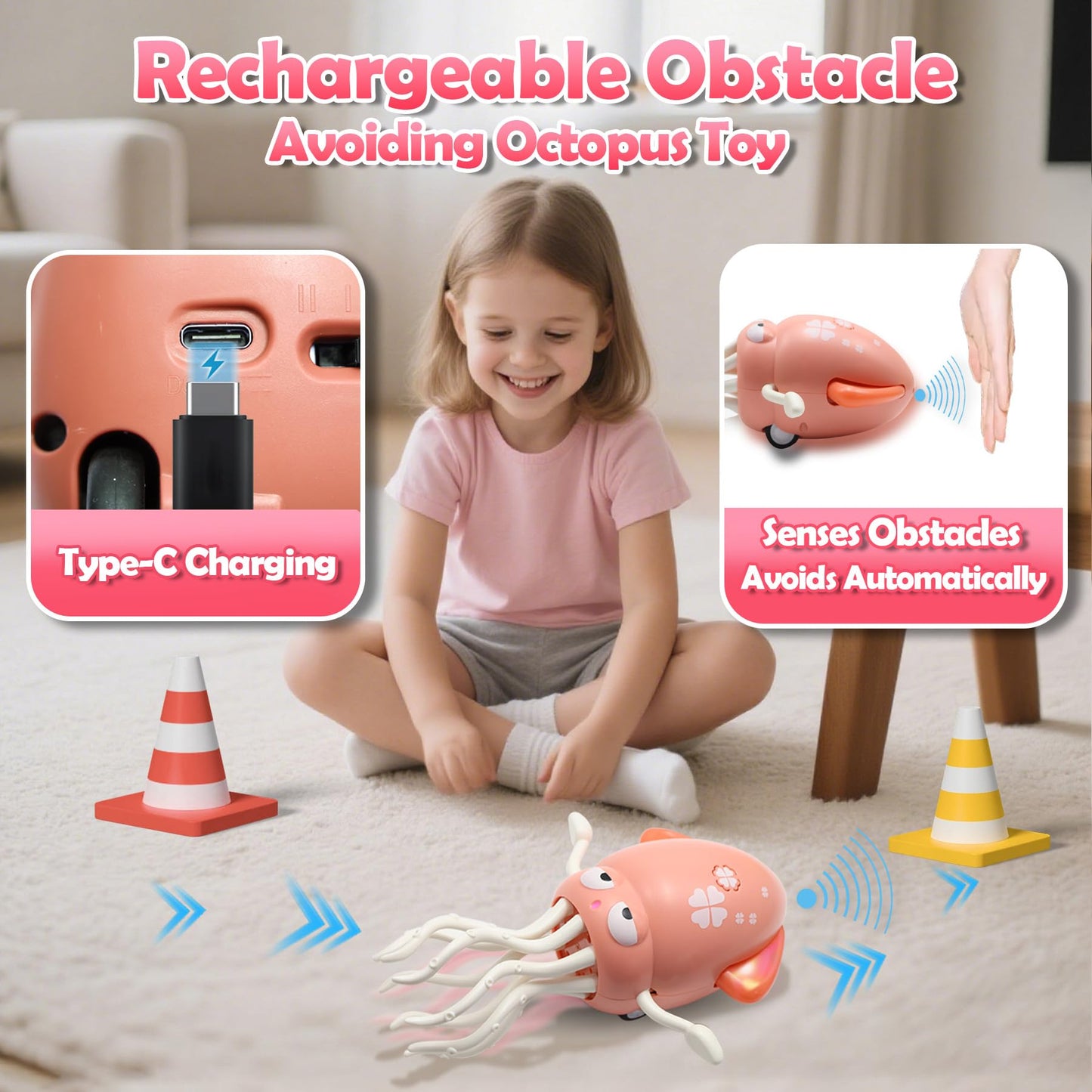 Pbooo Magic Dancing Octopus Toy, Electric Crawling with LED Lights and Music, Rechargeable Music Squid Baby Toy for 3-6 Year Old