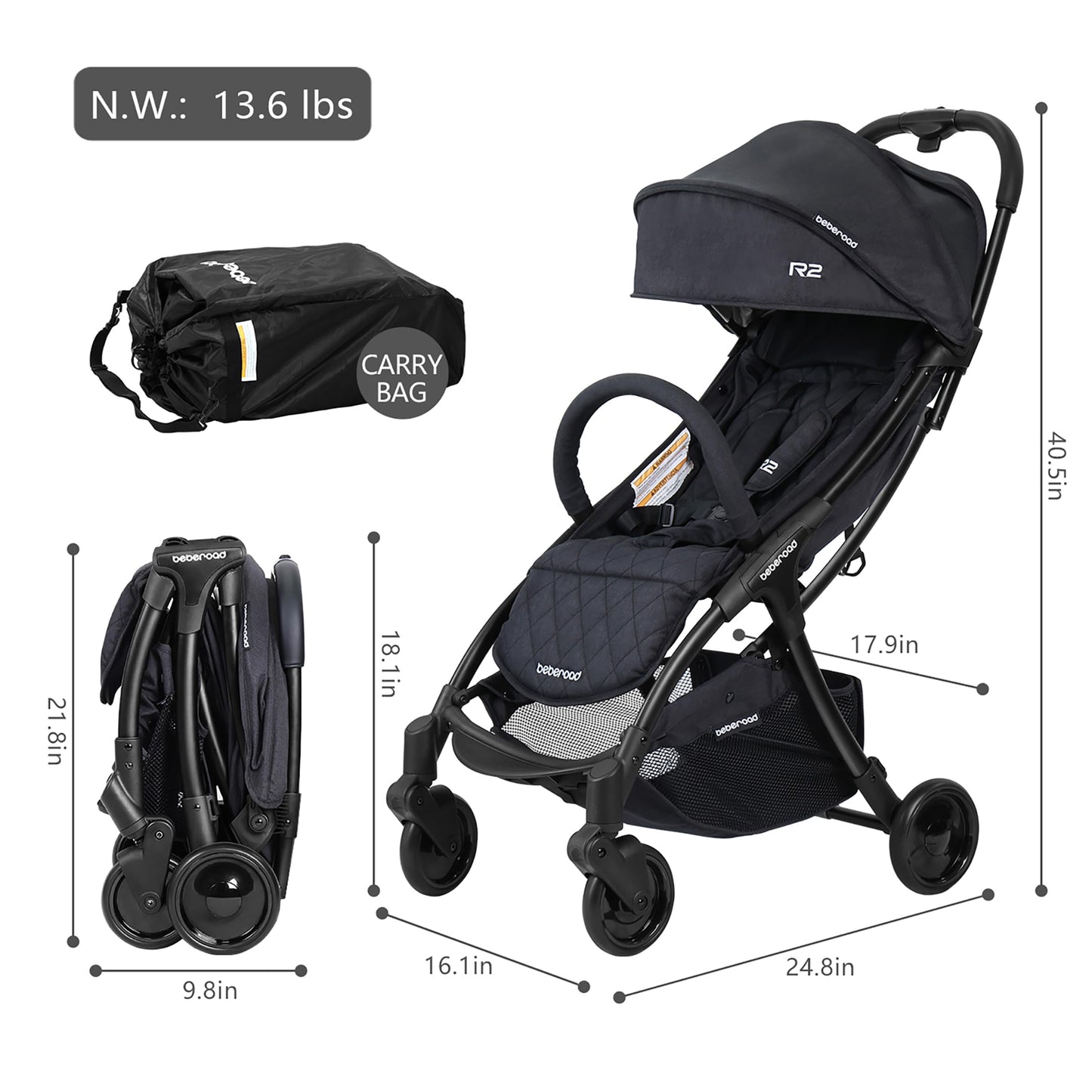 Beberoad Love R2 Small Travel Stroller - Compact, Foldable, Lightweight Baby Stroller For Airplane, Infant Toddler, Adjustable B