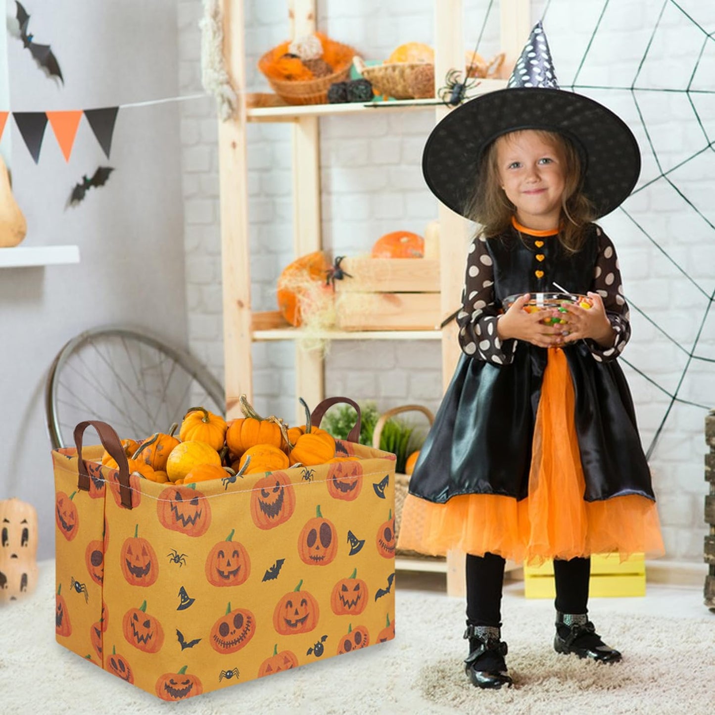 Fxocshe Rectangular Halloween Basket,Trick Or Treat Basket For Boys And Girls,Waterproof Collapsible Storage Box,Halloween Candy