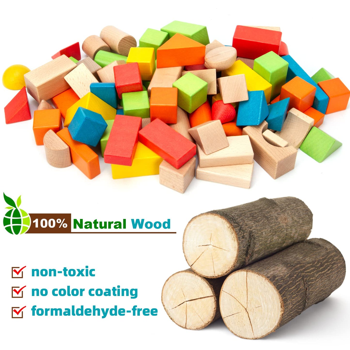 Wooden Building Blocks Set - Stacker Stacking Preschool Learning Educational Toys with Carrying Bag, Toddler Toys for 3+ Year Ol