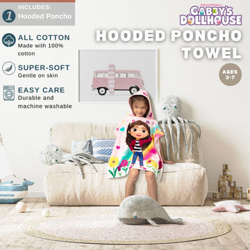 Franco Dreamworks Gabby'S Dollhouse Kids Beach/Pool/Bath/Camping Hooded Towel Poncho 24' X 22', Absorbent Cotton Cover Up, (Of