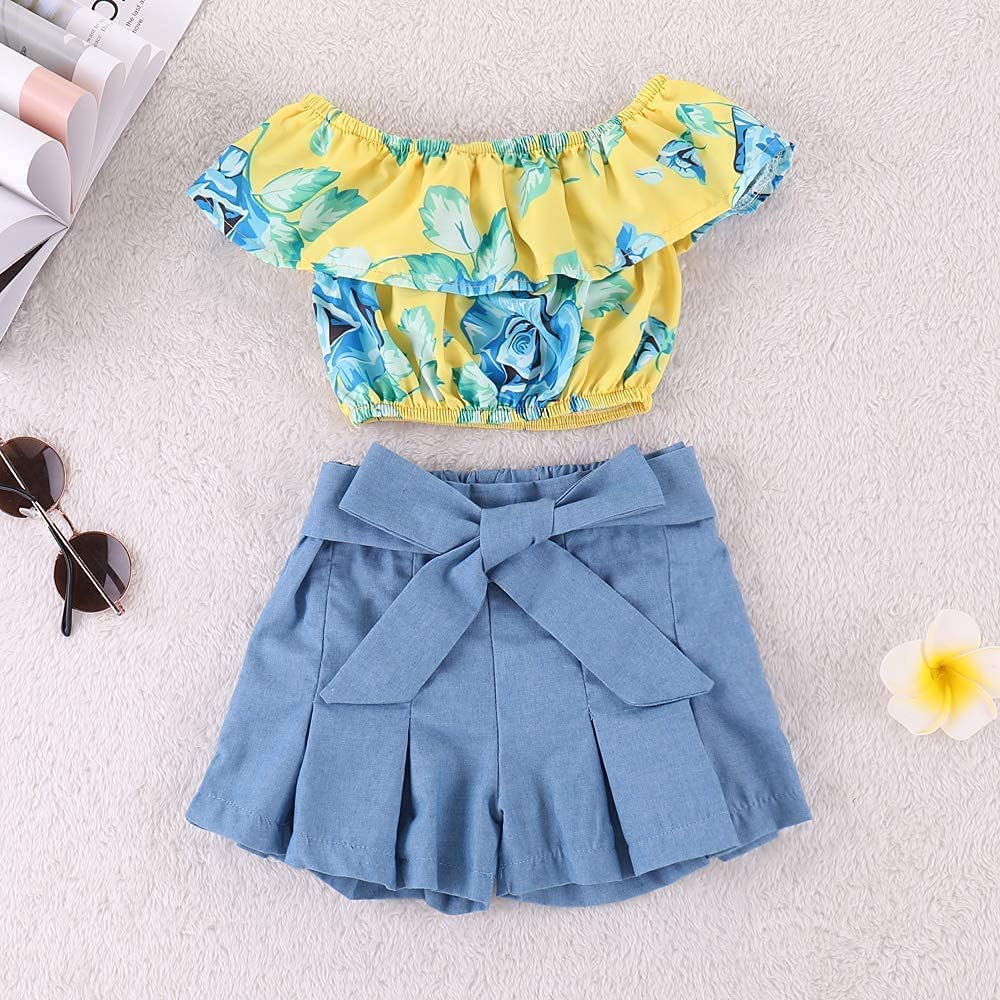 Kids Baby Girls Outfits Floral Ruffle Off Shoulder Crop Tops + Bowknot Denim Shorts Skirt Set Toddler Summer Clothes (5-6 Years,