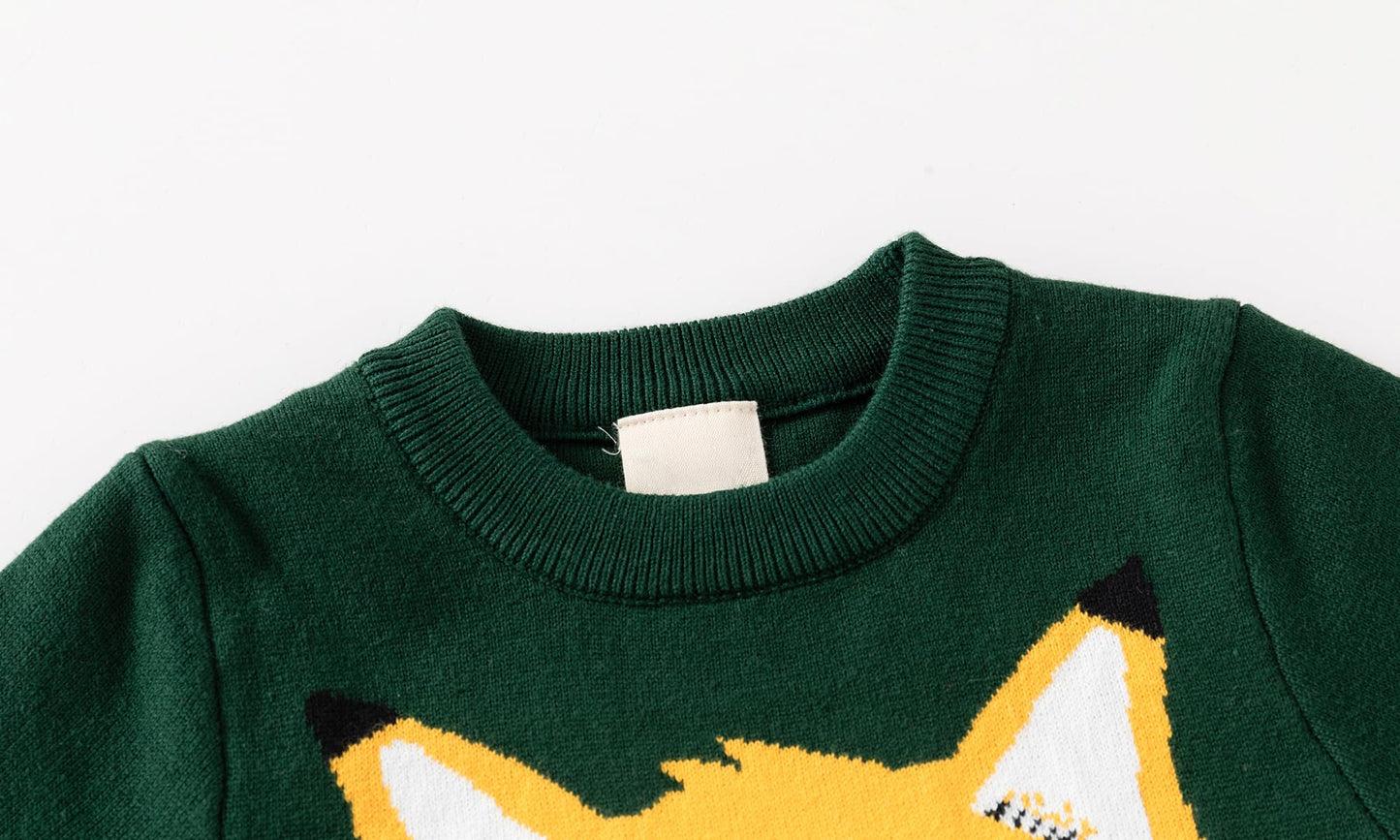 Huaer& Baby Boys Girls Knit Sweater Round Neck Long Sleeve Unisex Cotton Cartoon Animal Pullover Sweatshirt(5T Green Fox)