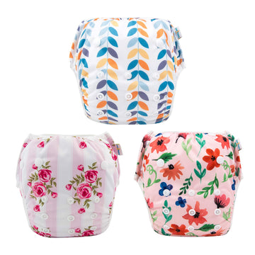 Babygoal Baby Girl Swim Diapers 3 Pack For 8M-3T Babies And Toddlers, Reusable Adjustable Washable For Swimming Lessons-Leaves,F