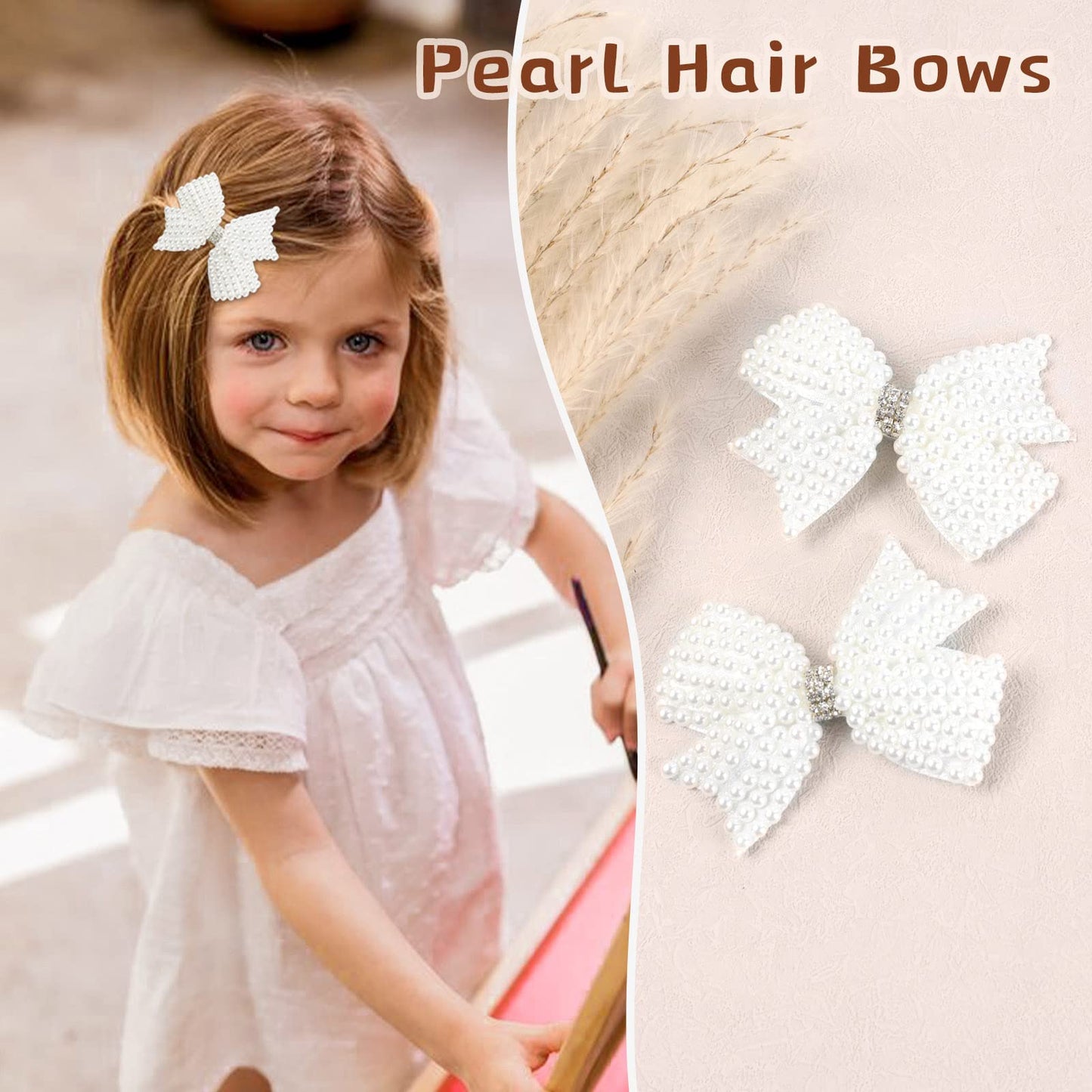 4Pcs Pearl Hair Bows For Girls, White Butterfly Flower Hair Bow Clip Wedding Hair Accessories For Baby Infants Toddlers Kids (Sm