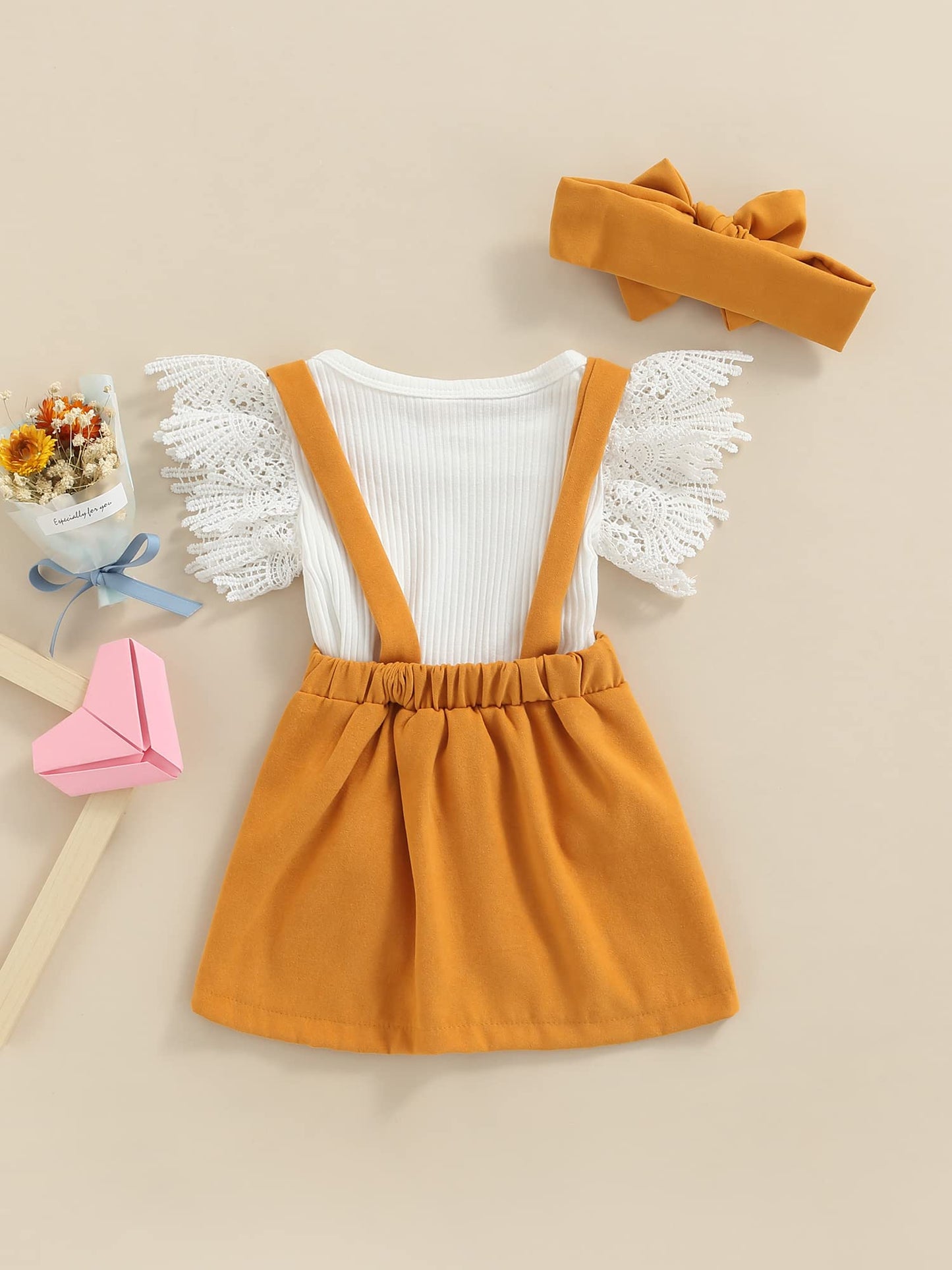 Infant Girls Summer 3Pcs Outfit Sets Ruffle Short Sleeve Ribbed Romper + Suspender Skirt + Headband (A-Yellow, 12-18 Months)