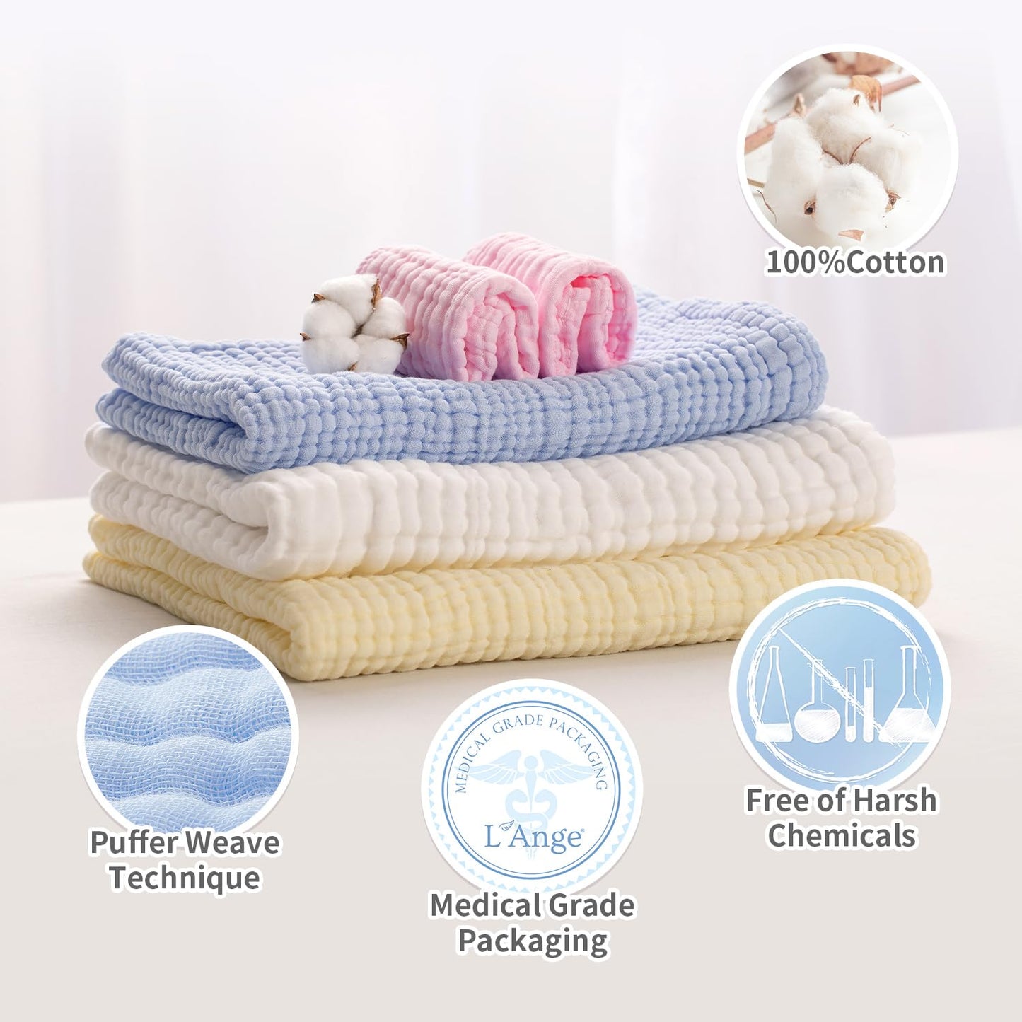 L'Ange Muslin Baby Towel - Infant Bath Towels For Newborn Babies Boy Or Girl - 100% Cotton - Ready To Use Medical Grade Packagin