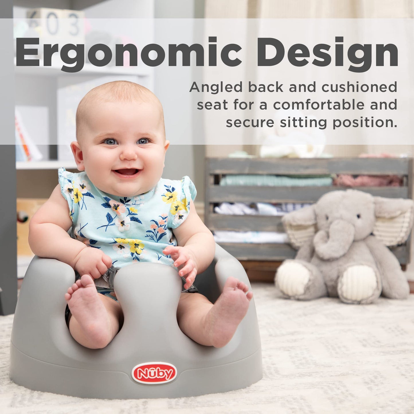 Nuby My Floor Seat, Soft Foam Cushion With Safety Harness And High Back Design, For Ages 4-12 Months, Gray