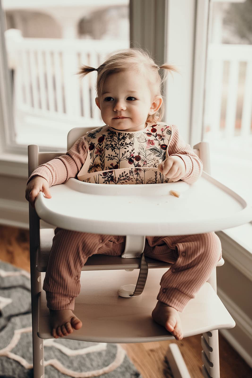 Three Little Tots Modern Silicone Baby Bib - Adjustable Fit Waterproof Catch Bibs ((Flower Print)