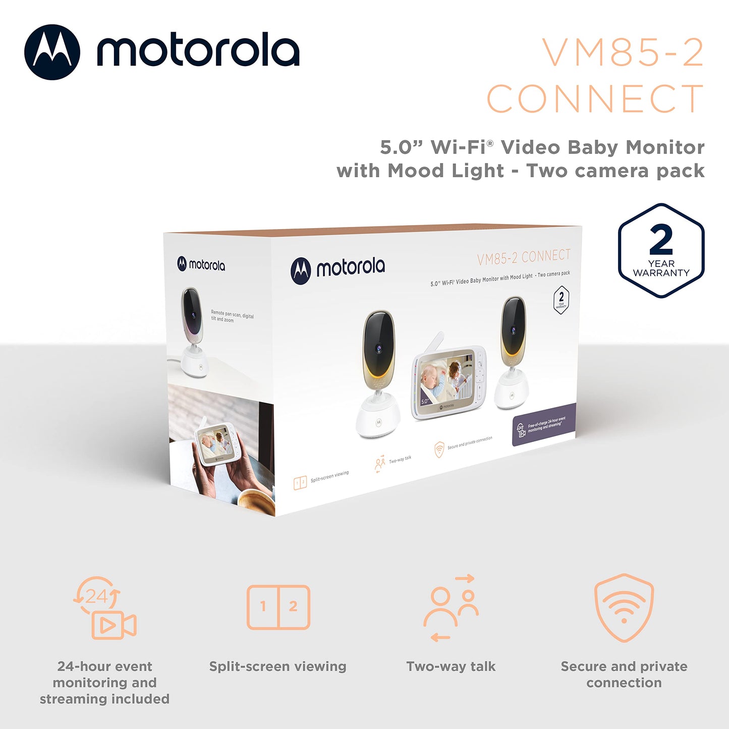 Motorola Baby Monitor VM85-5 WiFi Video Baby Monitor with 2 Cameras & Mood Light - Connects to Nursery App, 1000ft Range, Two-Wa