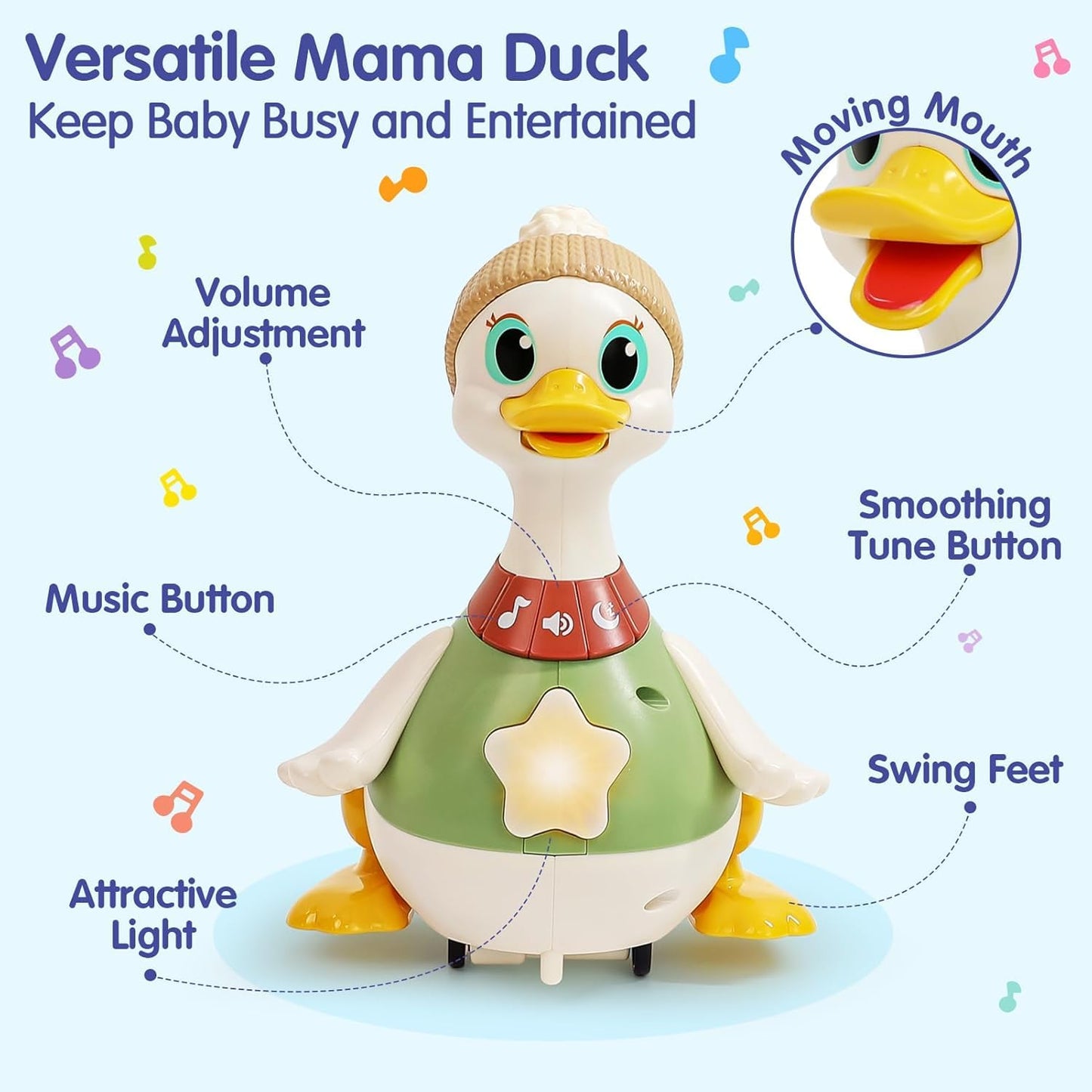HOLA Baby Toys 6-12 Months Musical Dancing Duck Toy Set with Mama and Babys Tummy Time Toys, Crawling and Interaction Modes 1 Ye