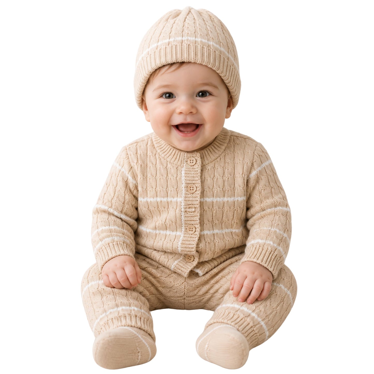 Baby Woollen Sweater Set With Cap & Socks For Winter (Beige, 03 Months)