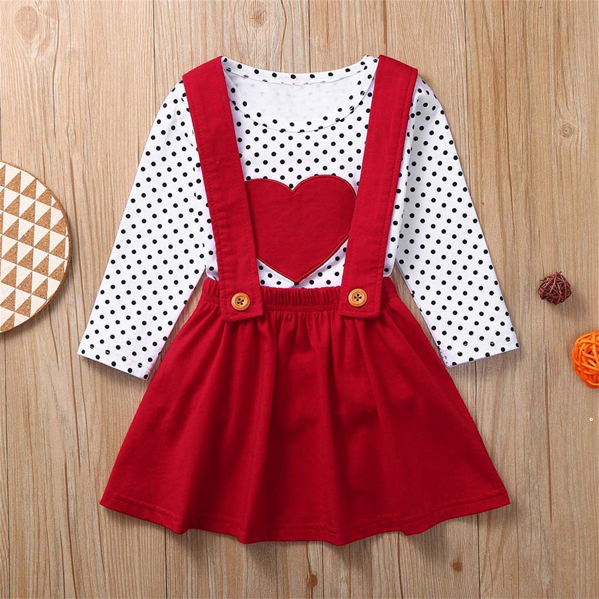 Modntoga Toddler Baby Girl Valentine'S Day Outfit Long Sleeve Dot Heart Shirt Top+Suspender Strap Red Skirts Set(18M-7Y) (Red, 6