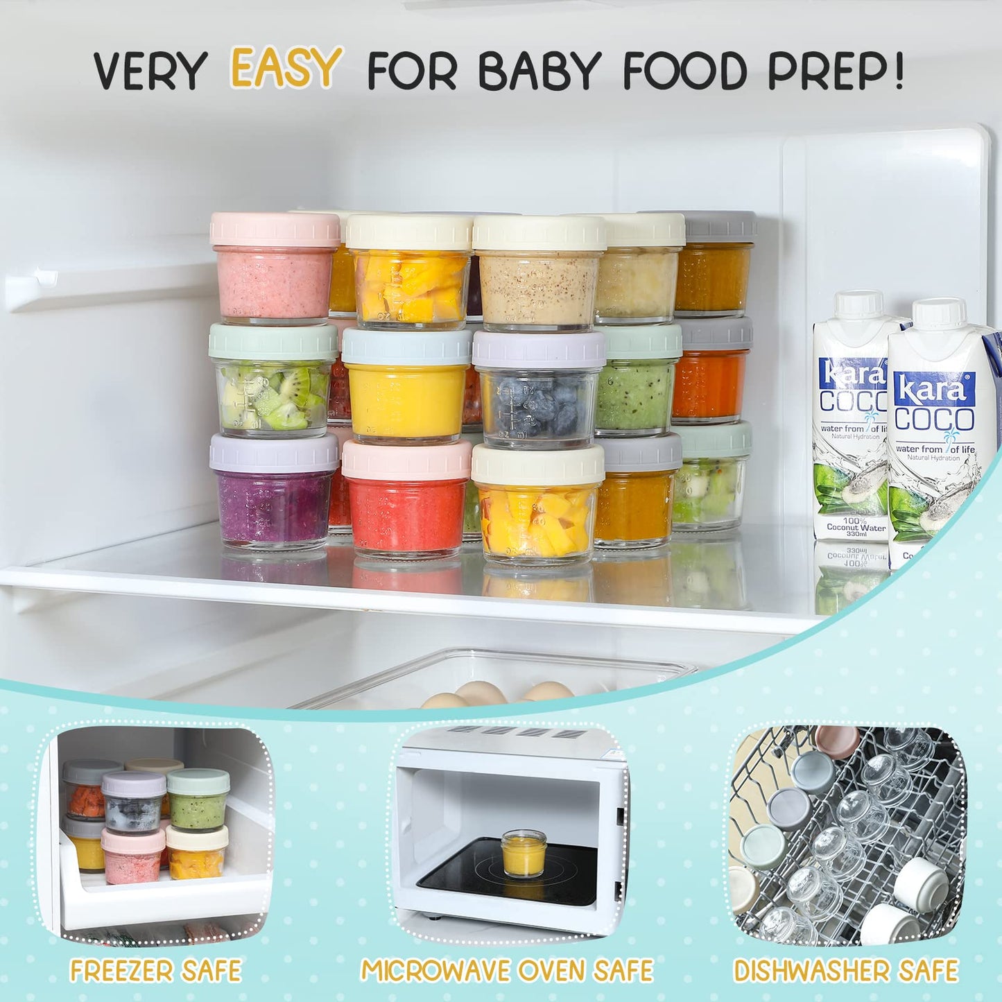 Vitever 24-Pack Glass Baby Food Storage Containers - 4 Oz Baby Food Storage Jars With Lids, Baby Food Maker, Microwave, Dishwash