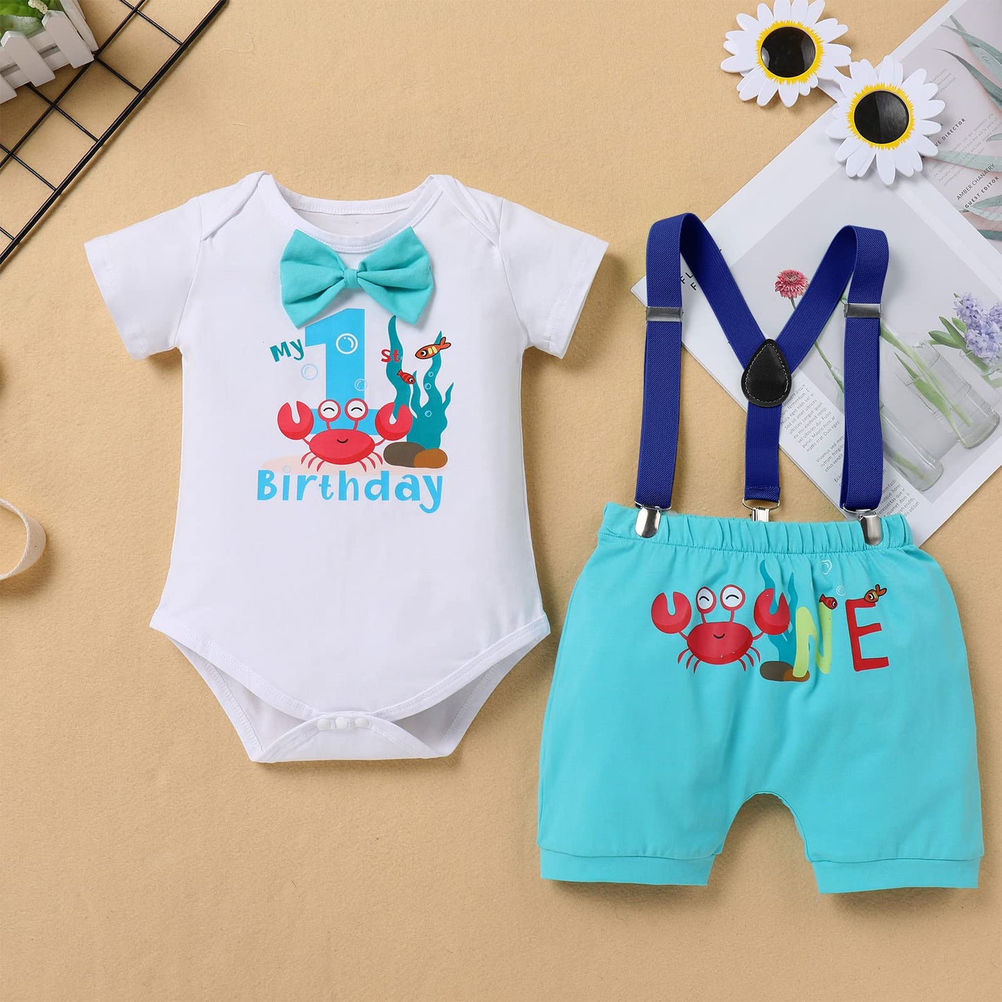 Odasdo Baby Boy Ocean Theme My First 1St Birthday Smash Cake Outfit Under The Sea Party Supplies Bow Tie Romper Shorts Suspender