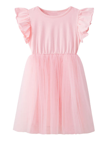 Twkioue Kids Girl Summer Ruffle Sleeve Tutu Tulle Fluffy Party Birthday Dresses 817 Pink 130