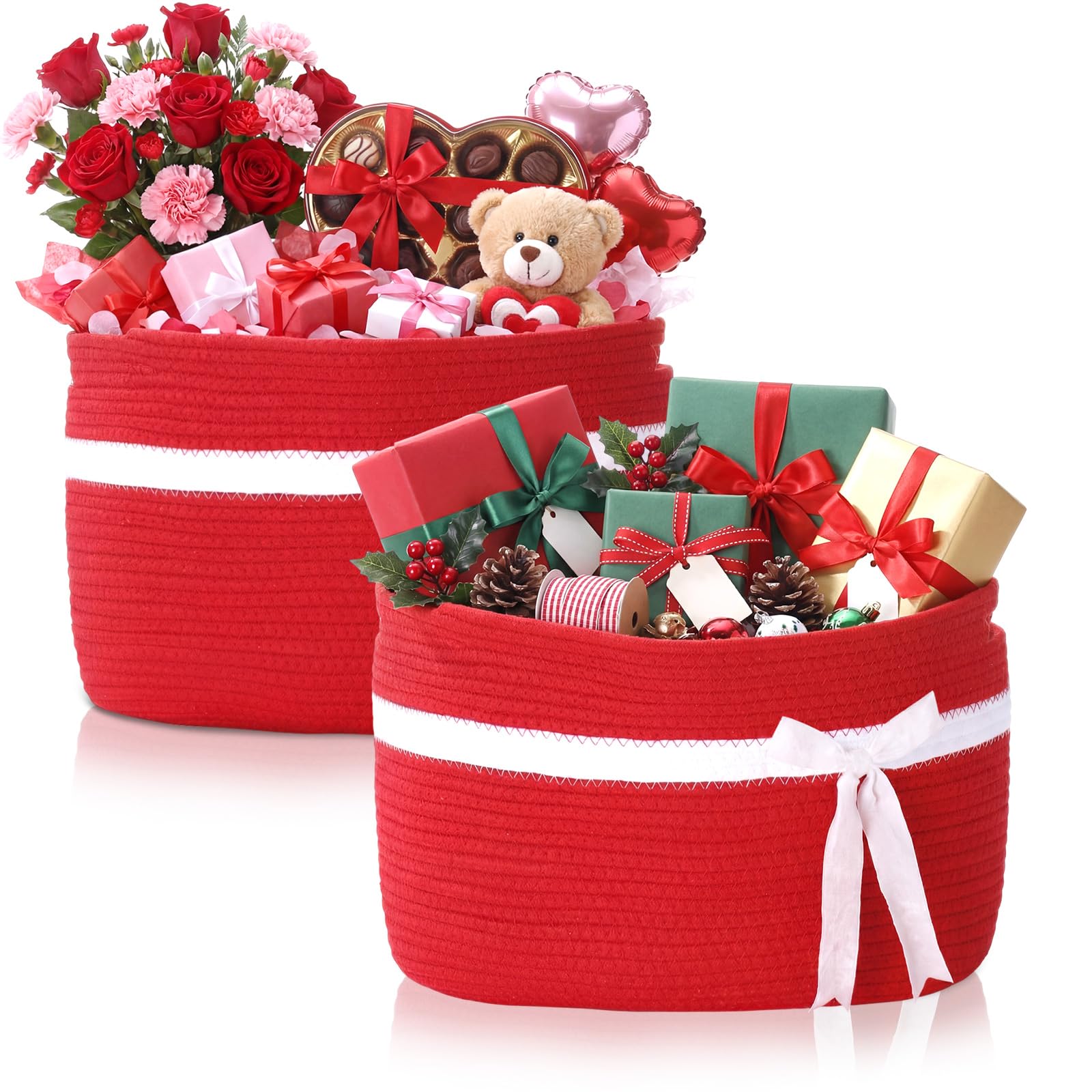 Willinglong 2 Pack Large Woven Baskets for Storage with Handle, Cotton Rope Organizer with Velvet Bow, Decorative Basket for Nur