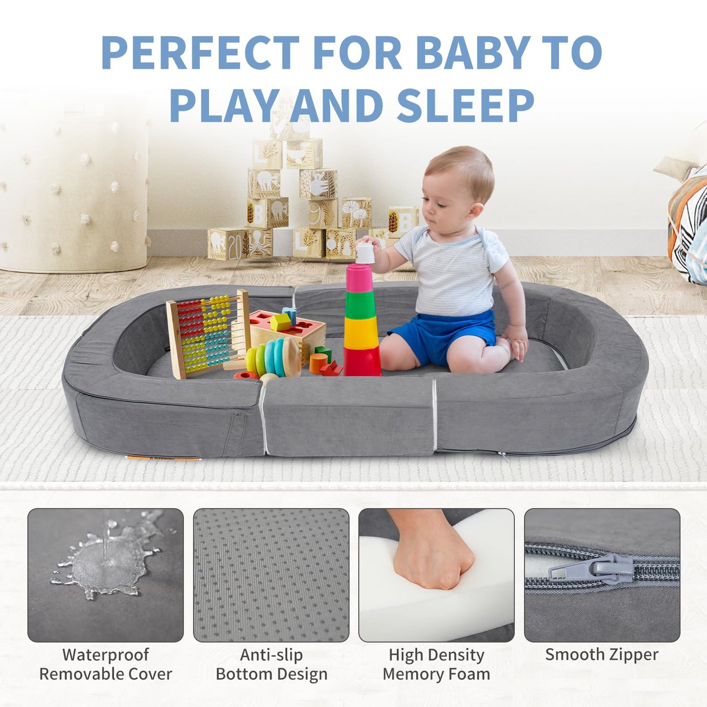 Mooitz Portable Travel Toddler Bed, 4-In-1 Convertible To Sofa Chair, Kid Feeding Seat And Lounger, Foldable Floor Bed For Outdo