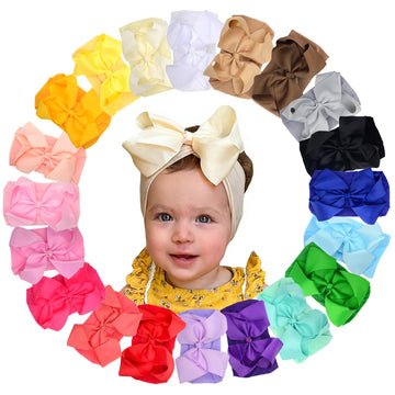 chiduerm 20 Pcs Baby Girls Headband With 6 inches Hair Bow, Soft Nylon Hairbands Cute Big Bow Super Elastic Headband For Baby Gi