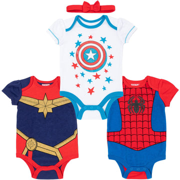 Marvel Avengers Spider-Man Captain America Captain Newborn Baby Girls Bodysuit And Headband Captain Marvel, Captain America, Spi